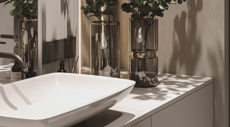 Modern Grey Bathroom Vanity With Hidden Laundry Storage product picture (1).webp