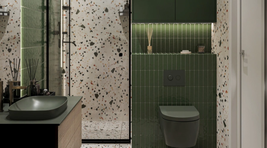 Modern Bottle Green Bathroom Vanity With Terrazzo Wall Tiles product picture (9).webp