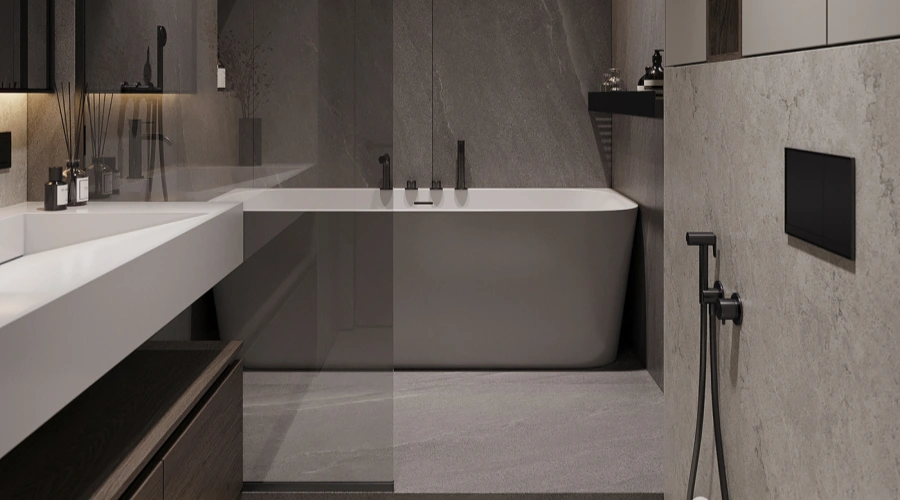 Modern Dark Grey Bathroom Vanity With Wood Storage product picture (8).webp