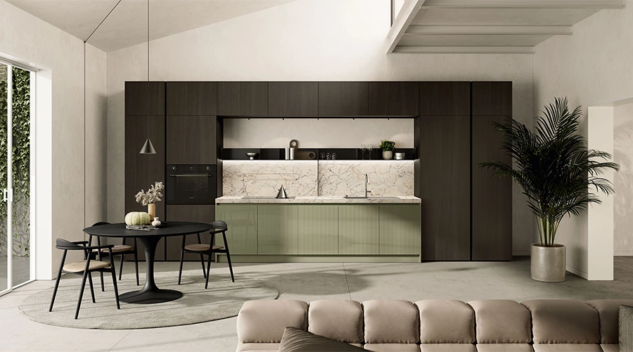 Contemporary Green Kitchen Cabinets with Quartz Countertops