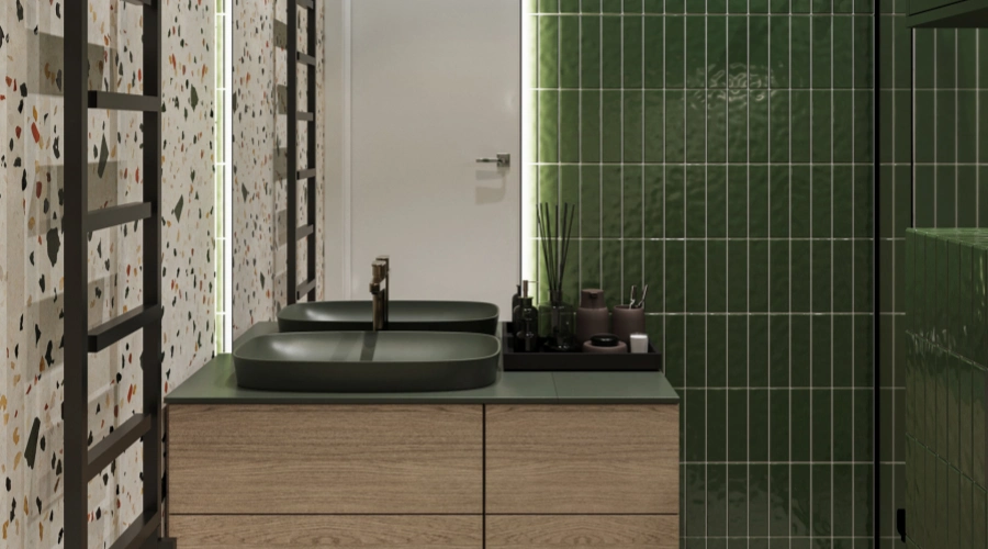 Modern Bottle Green Bathroom Vanity With Terrazzo Wall Tiles product picture (11).webp
