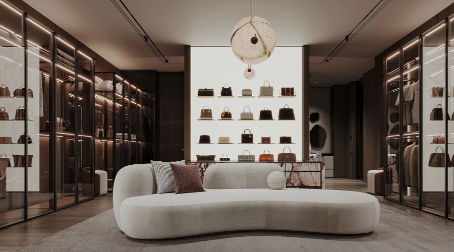 Luxury Walk In Wardrobe With Glass Display Cabinets product picture