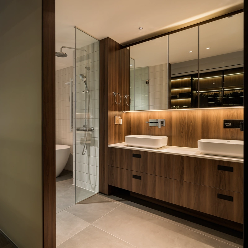 Çift Lavabolu Modern Koyu Ahşap Banyo Dolabı