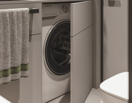 Modern Grey Bathroom Vanity With Hidden Laundry Storage product picture (2).webp