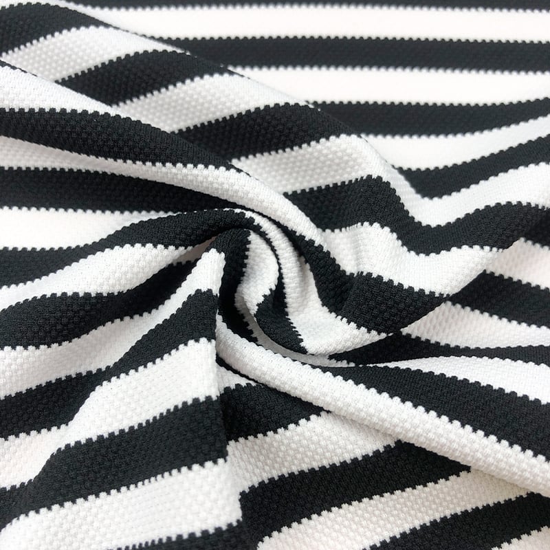 Tessuto per costumi da bagno a righe nere e bianche filo-tinto TH1870, maglia jacquard a rilievo tipo bubble-pique, elasticità 4 direzioni, in poliestere spandex per bikini e costume intero