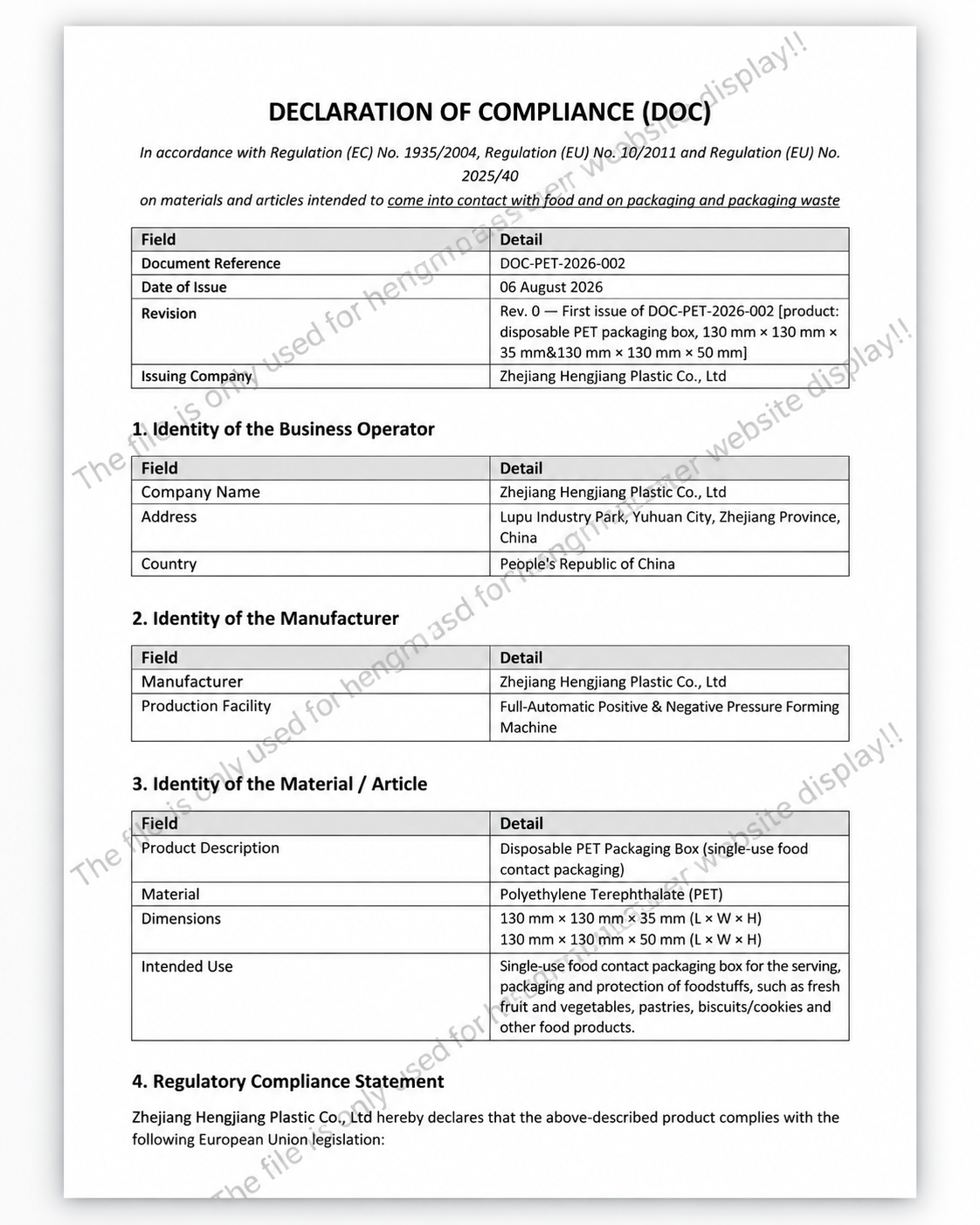 Declaration of Compliance (DoC)