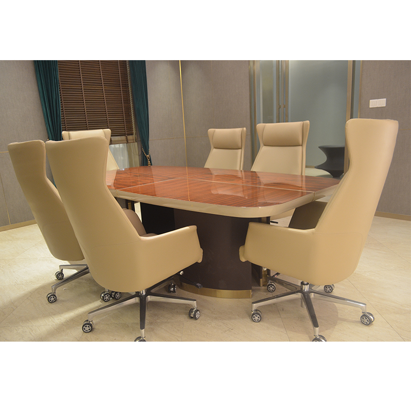 Elegant Veneer Stitched High-Gloss Finish Office Conference Table with Faux Leather Legs and Stainless Steel Accents