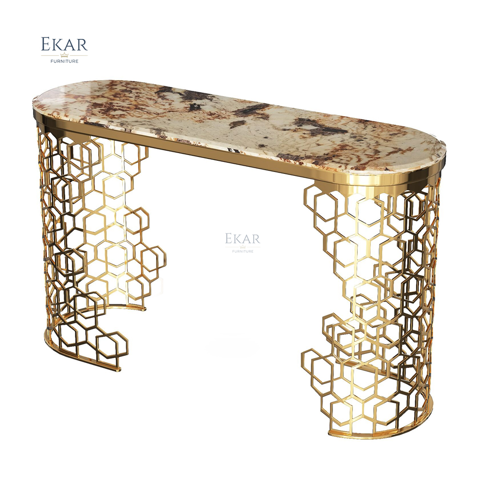 Sassuolo postmodern console table Hollow-carved Designed Hallway Console Table with Marble Top Roman Style Golden Entry Table