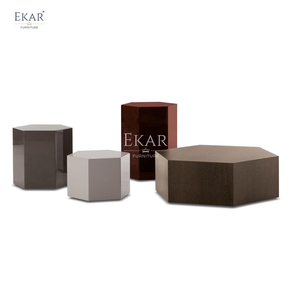 Modern Elegant Coffee Tables Set Hexagonal High Gloss Gray Solid Wood Multi-Layer Design for Living Room and Bedroom Use
