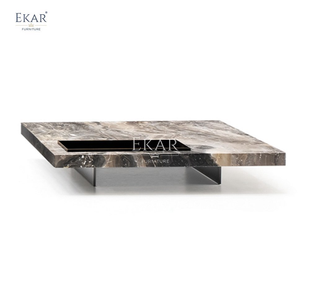 Modern Venetian Brown Marble Inlay High Gloss Coffee Table with Built-In Tray Wooden Living Room Furniture Set for Home Use