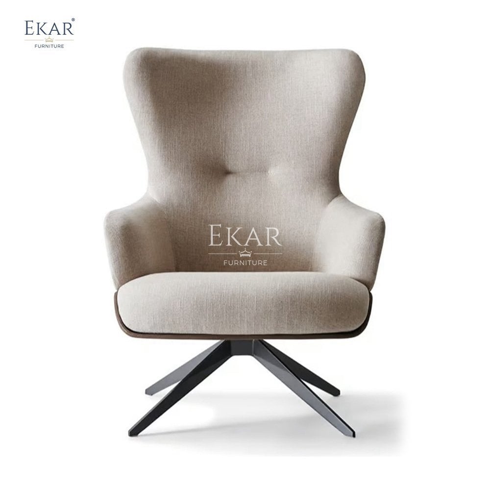 Metal and Plywood Frame Leather and Fabric Lounge Chair with Dual-Sided Cushion