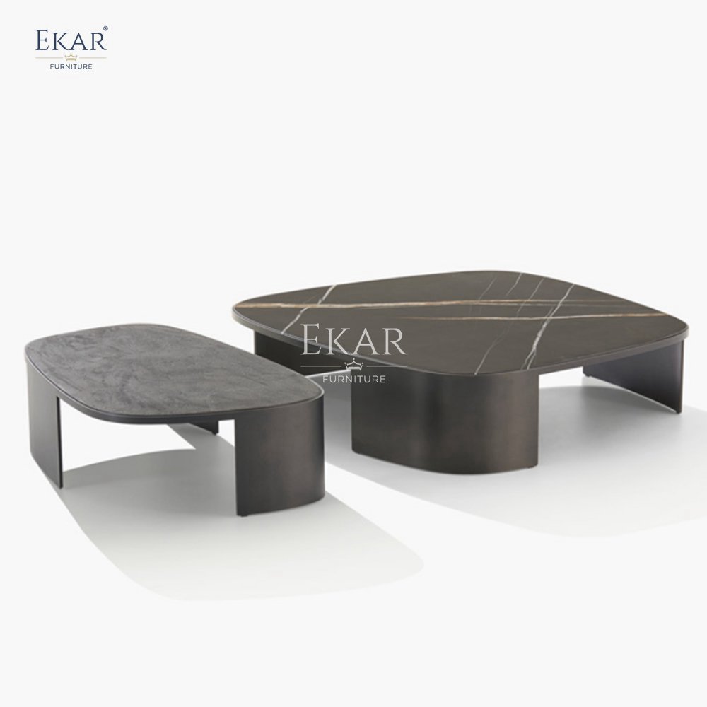 Modern 5mm Solid Steel Matte Black Coffee Table Set Sparkling Painted Frame Wooden Living Room Furniture for Home Use