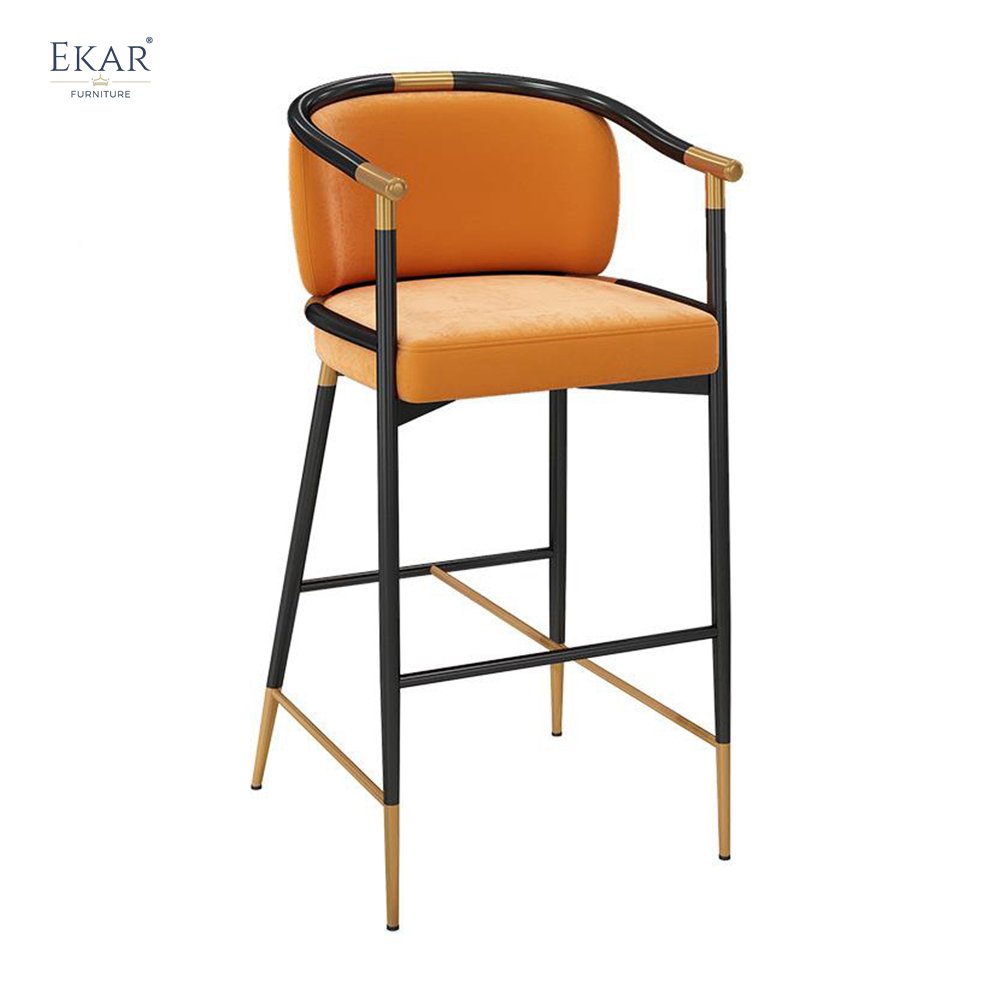 Modern High Gloss Black and Champagne Gold Metal Bar Stool Contemporary Leather Dining Chair for Home Bar Apartments Bedrooms