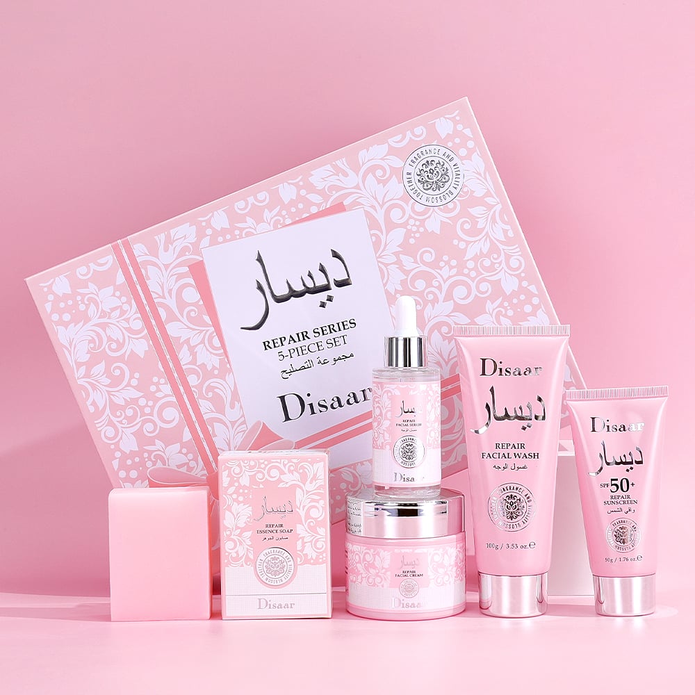 Juego completo de cuidado facial de 5 piezas de la serie Collagen Repair de Disaar para limpieza, reparación, hidratación y protección solar