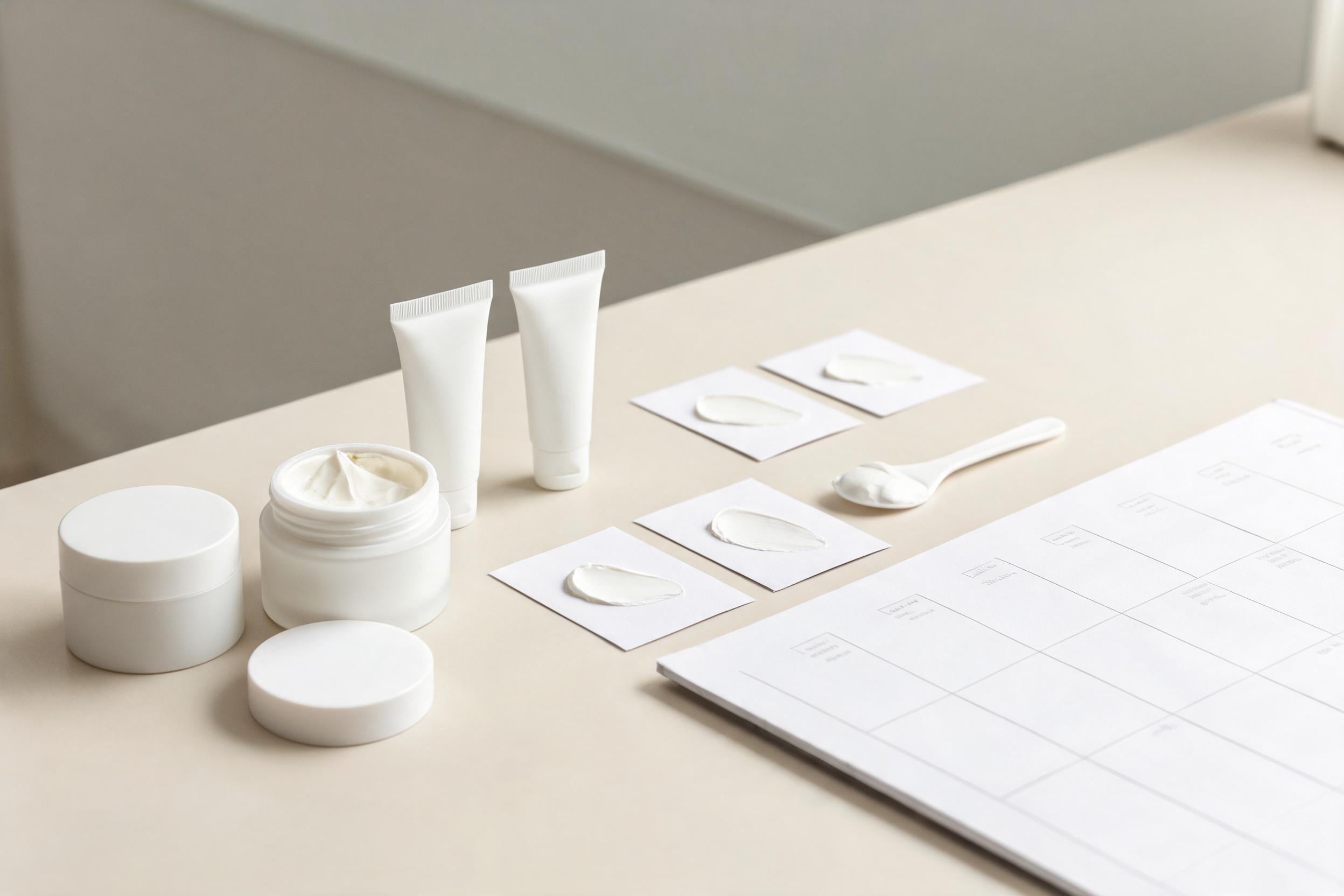 Unbranded face cream samples and product planning materials for a dry-skin skincare range