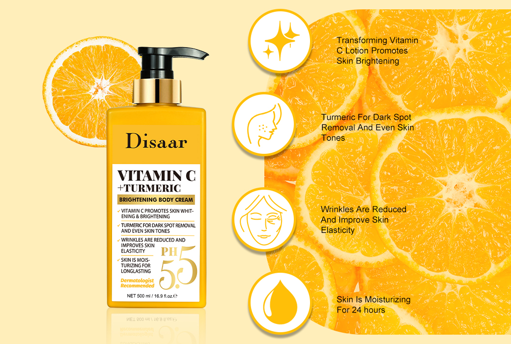 Disaar 500ml VC + Turmeric Brightening Body Cream Even Tone Body Lotion for Dull Looking Skin Distribution