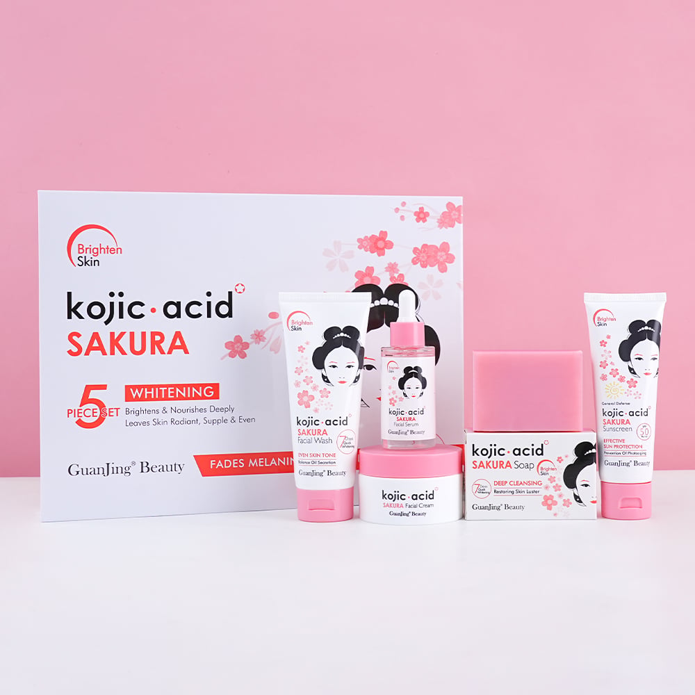 Juego de cuidado de la piel Guanjing con ácido kójico y cerezo Sakura para aclarar, 5 piezas