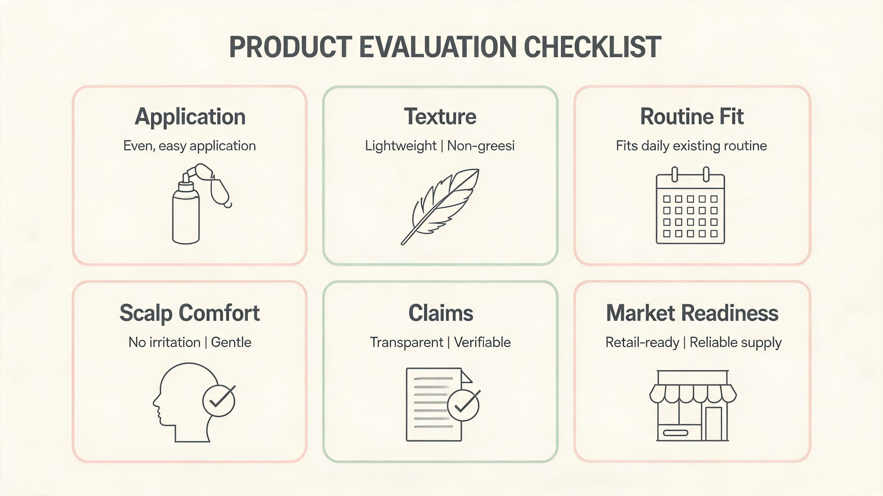 Infographic showing a fuller-looking hair product evaluation checklist