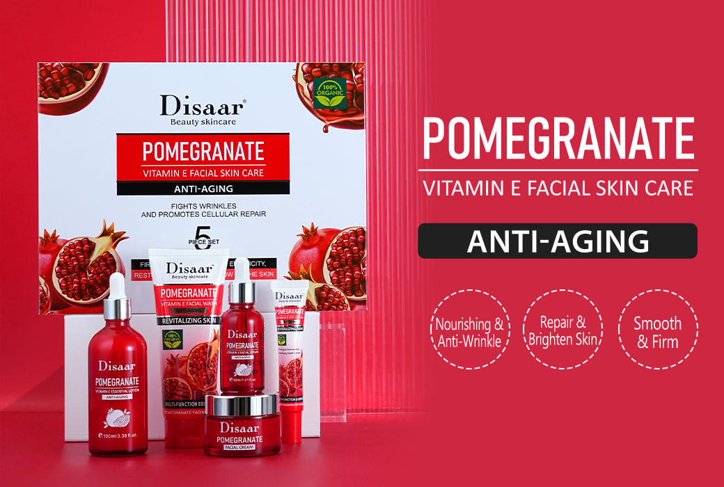 Disaar Pomegranate & Vitamin E Anti-Aging 5-Piece Skincare Set Wholesale Supply Complete Facial Care Set for Nourishing Brightening and Firming Care