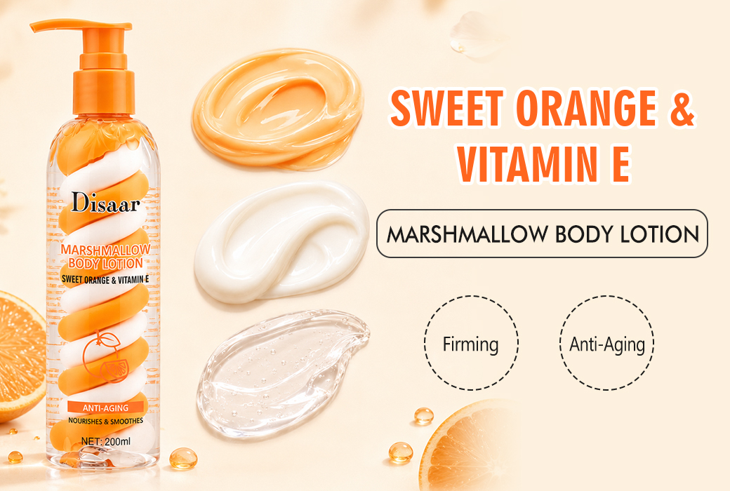 Disaar 200ml Sweet Orange & Vitamin E Marshmallow Body Lotion for Firming & Anti-Aging Care