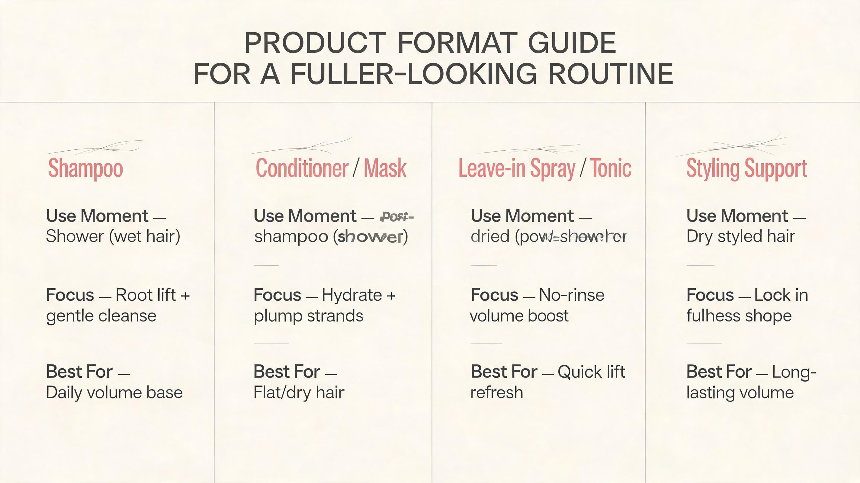 Infographic comparing cosmetic hair-care product formats for a fuller-looking routine