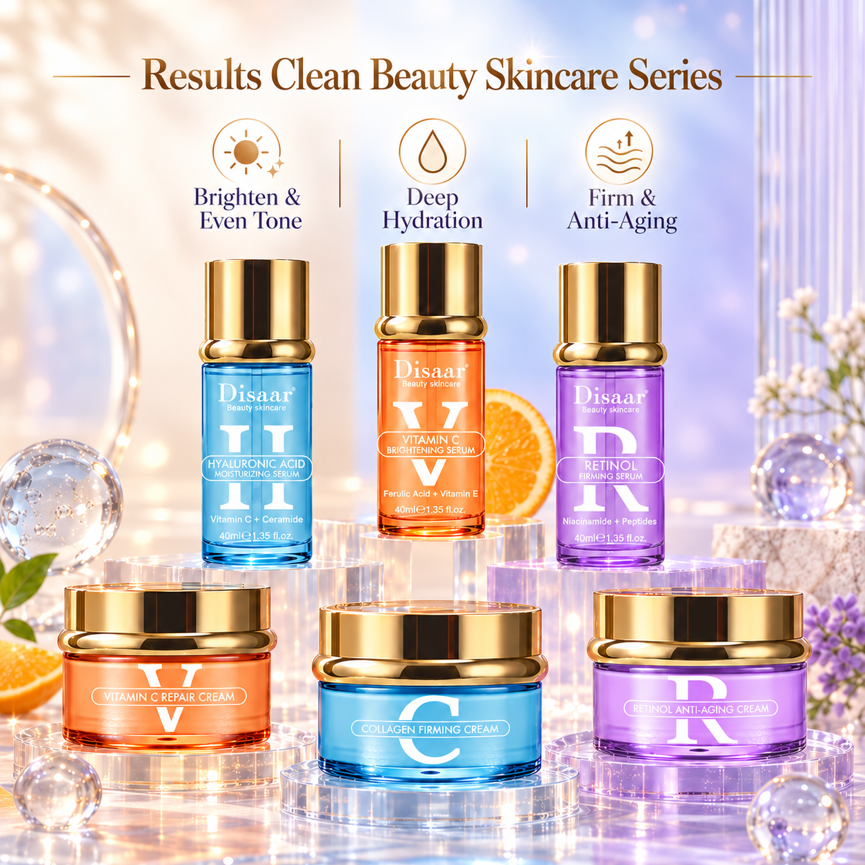 Disaar Results Clean Beauty Skincare Series With Vitamin C Hyaluronic Acid Retinol & Collagen For Wholesale Supply & Private Label