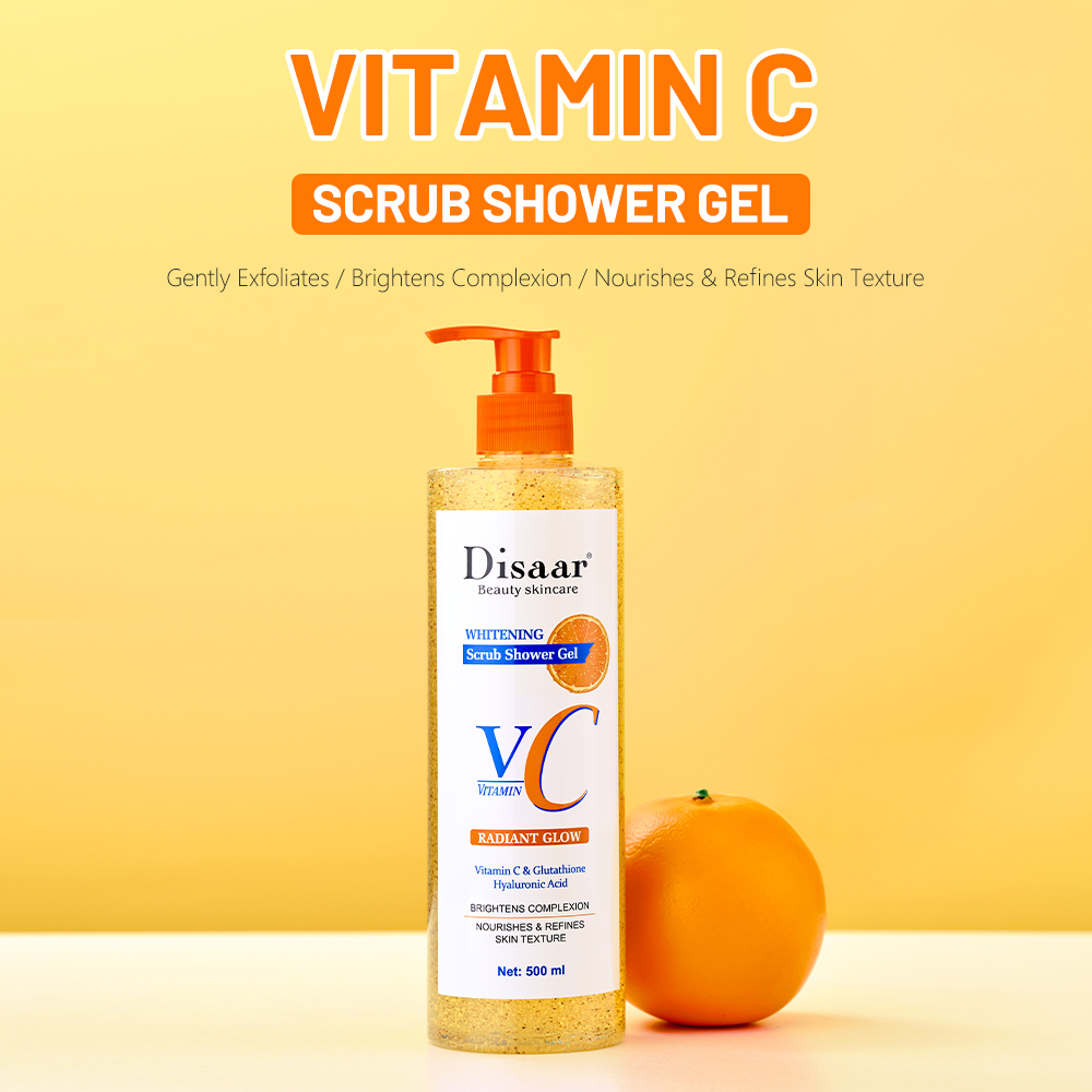 Serie Disaar de Gel Corporal Exfoliante con Vitamina C de 500 ml, Suministro al Por Mayor: Gel Limpiador Corporal Iluminador con Exfoliación Suave y Cuidado para una Piel Lisa