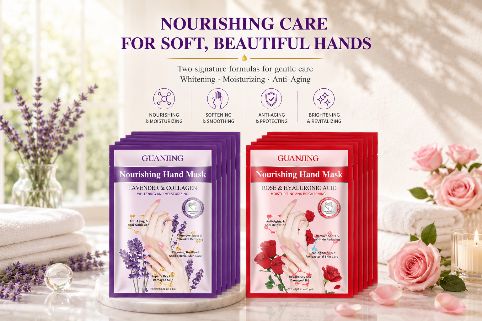 GUANJING 40ml Nourishing Hand Mask Series with Lavender Collagen & Rose Hyaluronic Acid for Distribution and Private Label