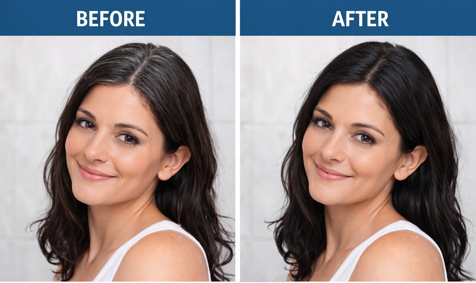 Before and after comparison photos using hair color shampoo.