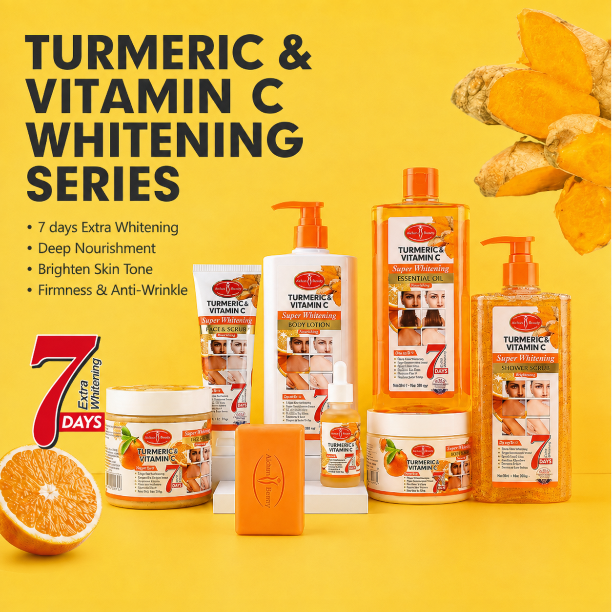 Proveedor mayorista de la serie de cuidado de la piel blanqueadora con cúrcuma y vitamina C de Aichun Beauty