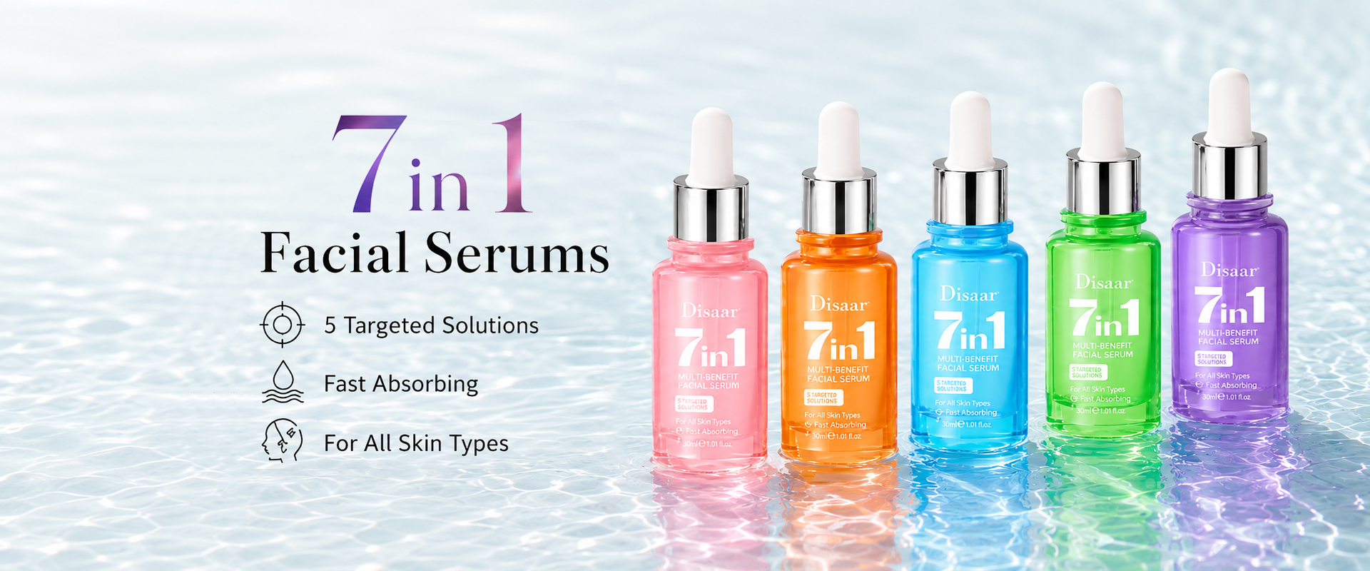 Serie de sueros faciales Disaar 7 en 1 con 5 soluciones específicas para la piel: reparación, iluminación, calma, firmeza e hidratación