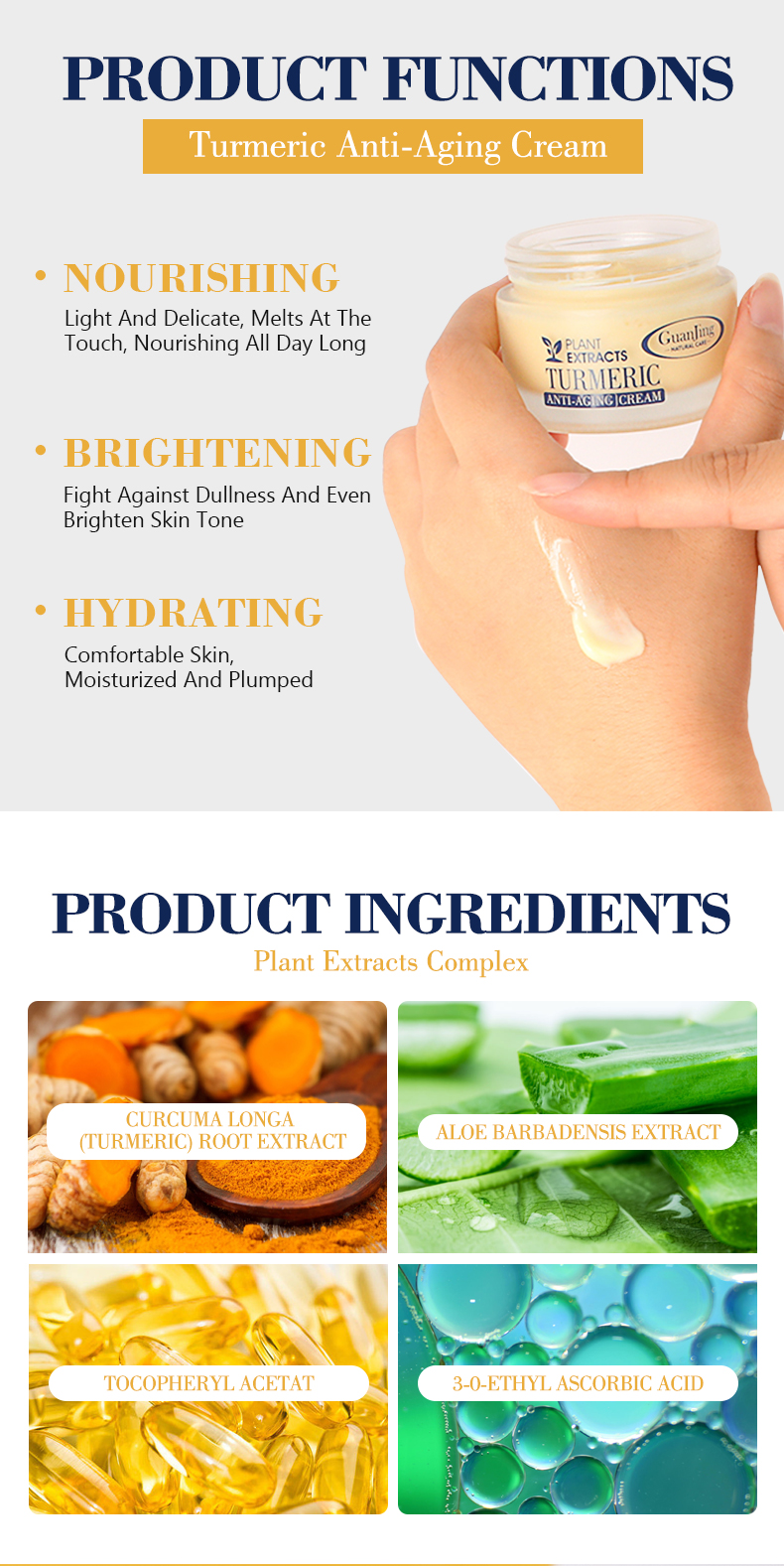 GJ7053 Guanjing Herbal Turmeric Anti-Aging Cream - 50ml, Organic Turmeric Extract, Anti-Wrinkle, Anti-Spots, Acne Scar Removal, Whitening & Pore Minimizing Face Cream manufacture
