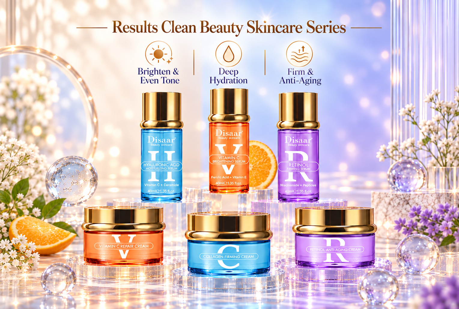 Disaar Results Clean Beauty Skincare Seria Vitamini C, Hialuronis Mjavi, Retinoli da KolageniTvis Sakhelobis Garemoebashi da Masabazariis Tvis