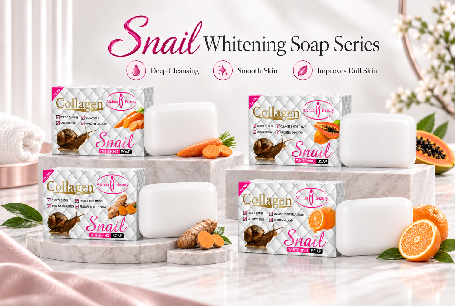 Aichun Beauty 100g Snail & Collagen Whitening Soap Series with Carrot Papaya Turmeric & Vitamin C for Distribution and Private Label