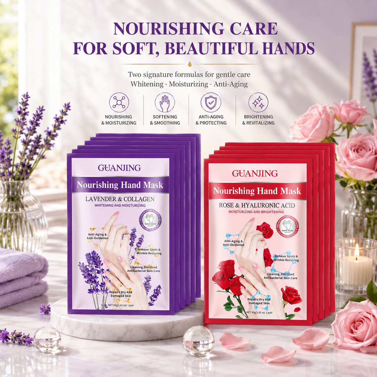 Mascarilla nutritiva para manos GUANJING de 40 ml, con colágeno de lavanda y ácido hialurónico de rosa, para distribución y marca privada