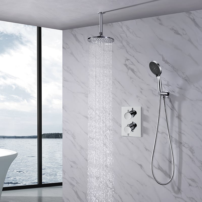 Thermostatic Rain Shower System Set with Handheld and 8" Rainfall Head, Shower Valve and Trim Kit, 2-Handle Shower Faucet Set with 2 Way Diverter Body 15T 2251 E201