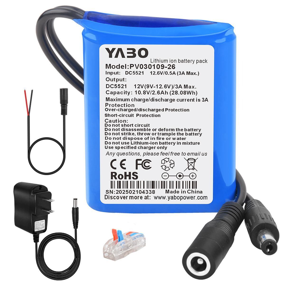YABO 12V 2600mAh Rechargeable Lithium ion Battery Pack for DIY Project