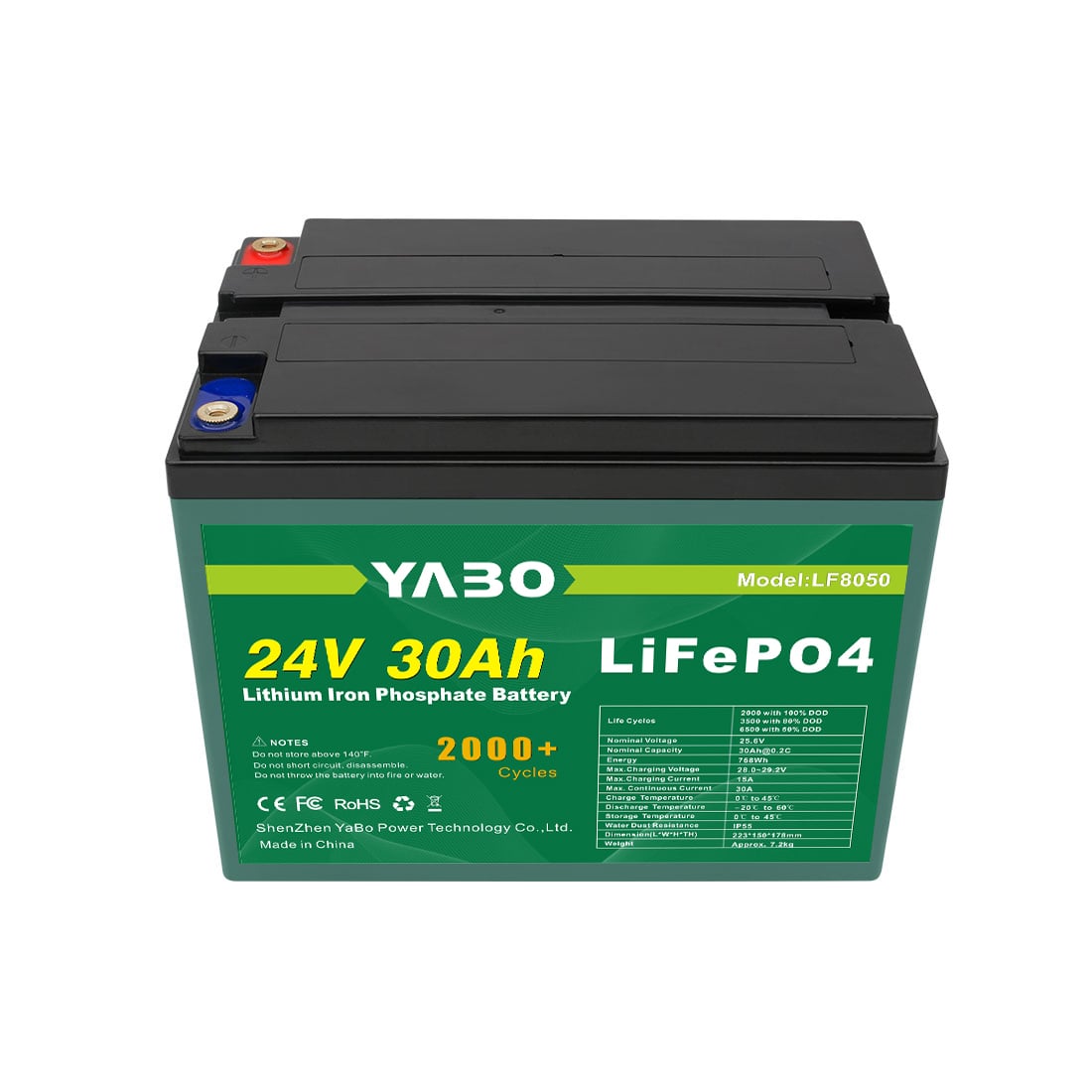 YABO LF8050 24V 30Ah Factory Lithium Iron Phosphate Battery Strong Power LiFePO4 Batteries for Solar Power, Golf Carts