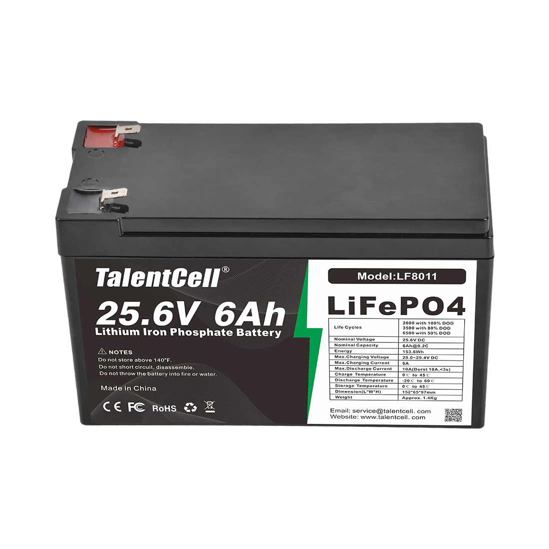 TalentCell 24V 6Ah LiFePO4 batteripakke LF8011 Dyb-utladnings genoppladbare lithiumjernfosfatbatterier for båtmotor, campingvogn, friluftsliv