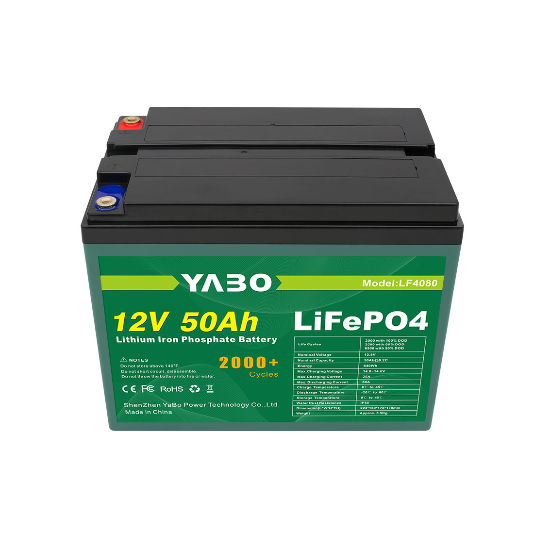 YABO 12V 50Ah 66Ah LiFePO4 Battery