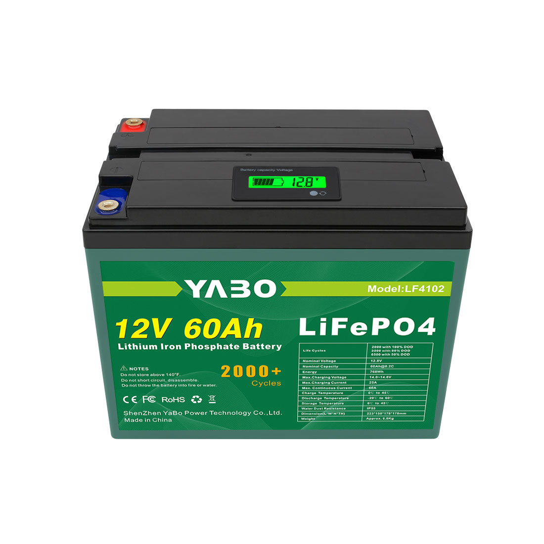 YABO LF4102 12 В 60 А·ч Литий-железо-фосфатная батарея 768 Вт·ч, глубокого цикла, литиевые аккумуляторы для солнечных, морских, автомобильных систем, электромоторов и автономных приложений