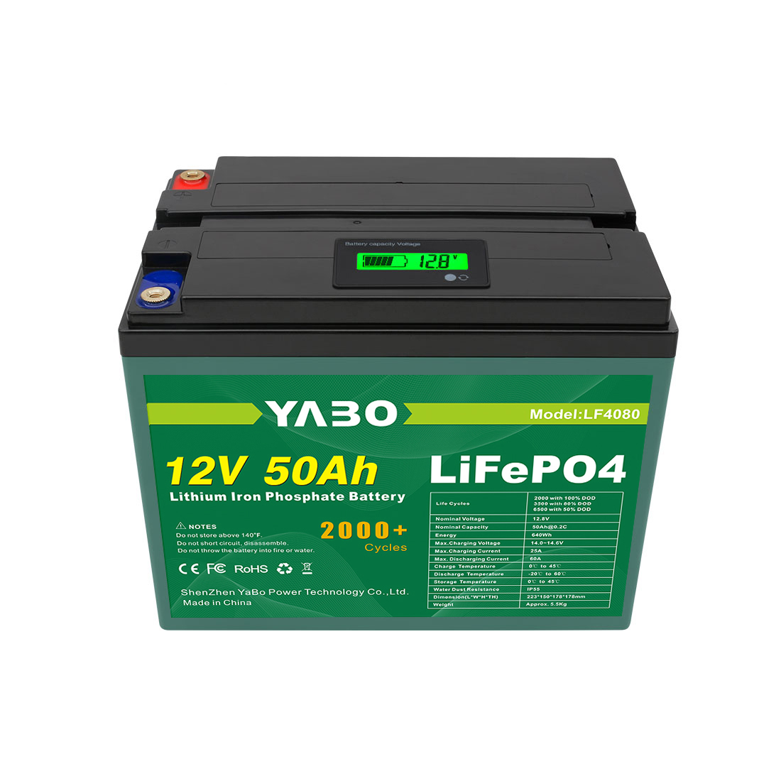 YABO LF4080 12V 50Ah Lithium LiFePO4 Battery Deep Cycles Lithium Iron Phosphate  Battery for RV Camping Solar Off Grid