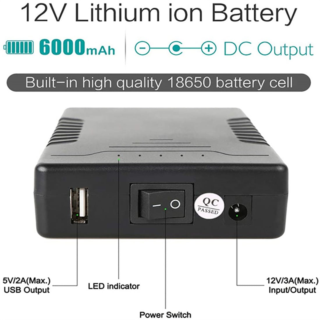 YABO 12V 6000mAh/5V 12000mAh DC Output Lithium ion Battery Pack YB1206000-USB 12V Portable Li-ion Power Bank for LED Strip, CCTV Camera and more
