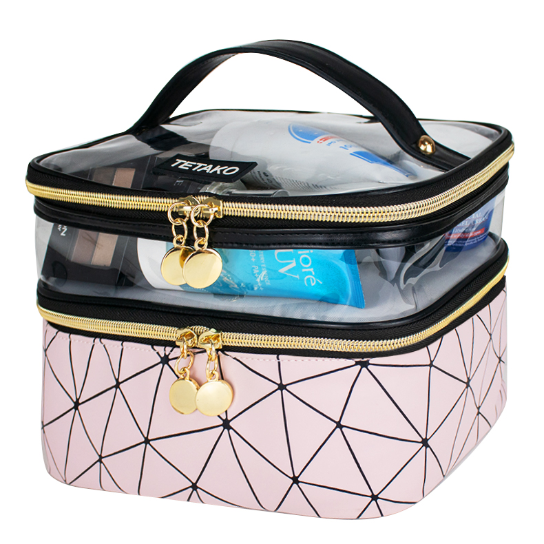 Women Double Layer Custom Waterproof Travel Zipper PVC Toiletry Cosmetic Bag