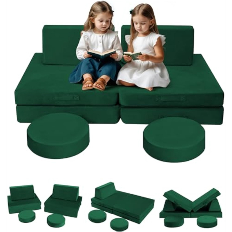 8-piece modular children's play sofa - Green convertible foam baby sofa suitable for playrooms, foldable baby sofa play set