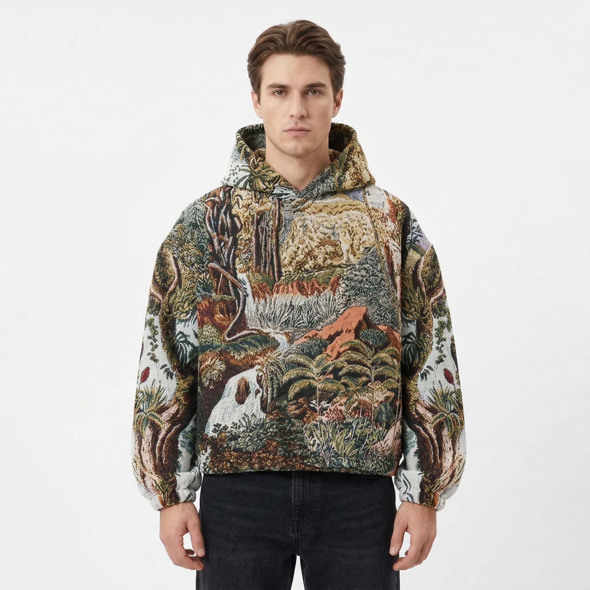 Custom Tapestry Hoodie Vintage Forest Pattern Streetwear Oversized Jacquard  Pullover Sweatshirt Cuff  and Hem Elastic Design