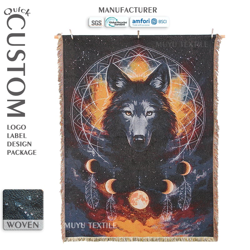 Factory Wholesale Wolf Tapestry Blanket Eco-Friendly Woven Jacquard Blanket with OEM ODM Customization LOGO and Pattern