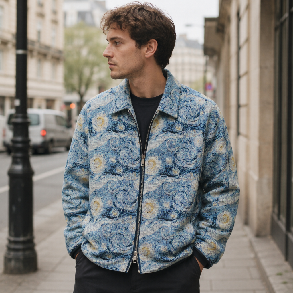 Quick Custom Van Gogh Starry Night Art Tapestry Men's Hip Hop Bomber Jacket-Customizable DesignLogo Breathable & Eco-Friendly