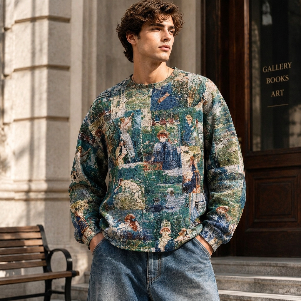 LOW MOQ Fast Custom High Quality Men's Tapestry Crew Neck Sweatshirt with Jacquard Woven Sweater Neckline Zipper Design