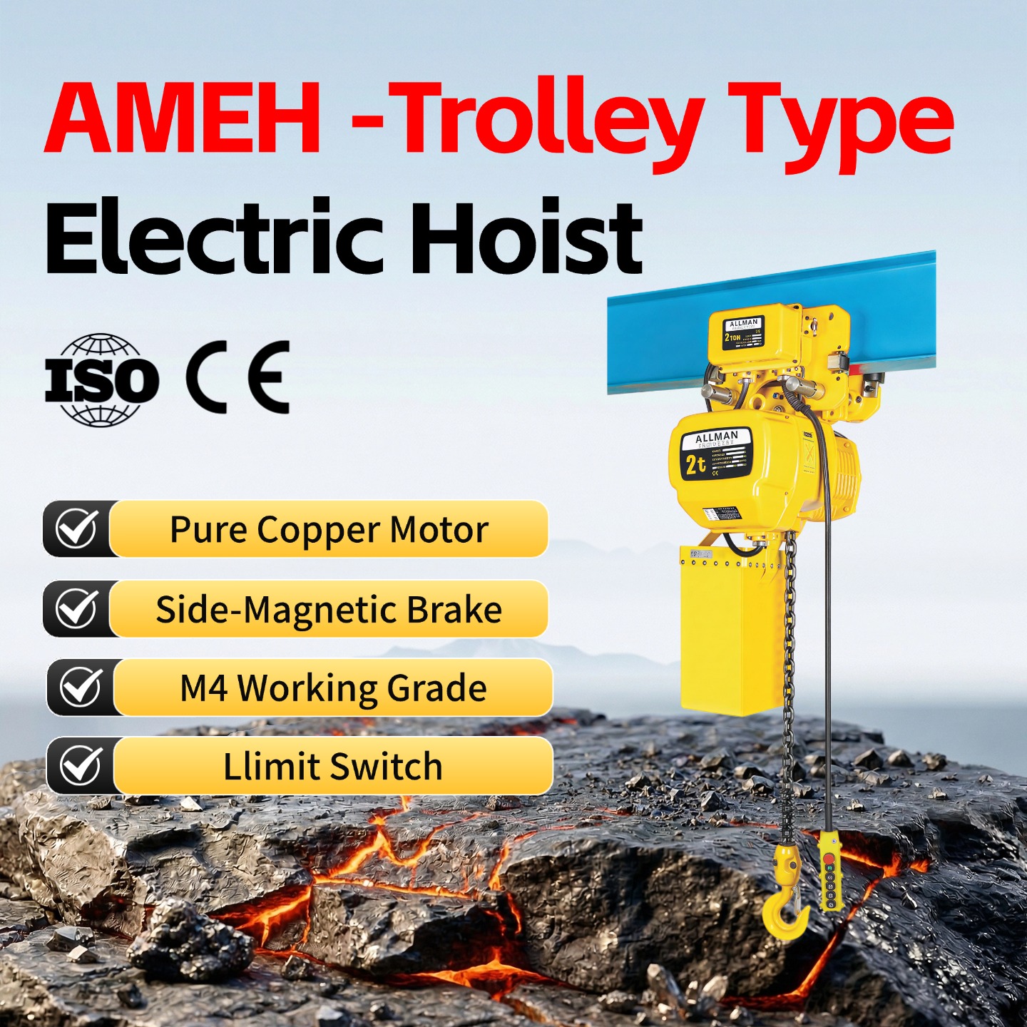 ALLMAN AMEH Trolley Type Electric Chain Hoist – 3 Phase Heavy Duty Hoist with High Speed Lifting